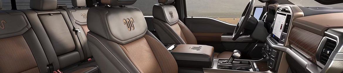 2026 Ford F-150 interior seatbacks featuring embroidered trim emblems, available in Sunrise, FL