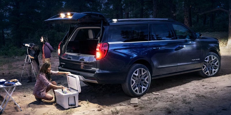 Ford Expedition parked amidst lush greenery in a serene wooded area.